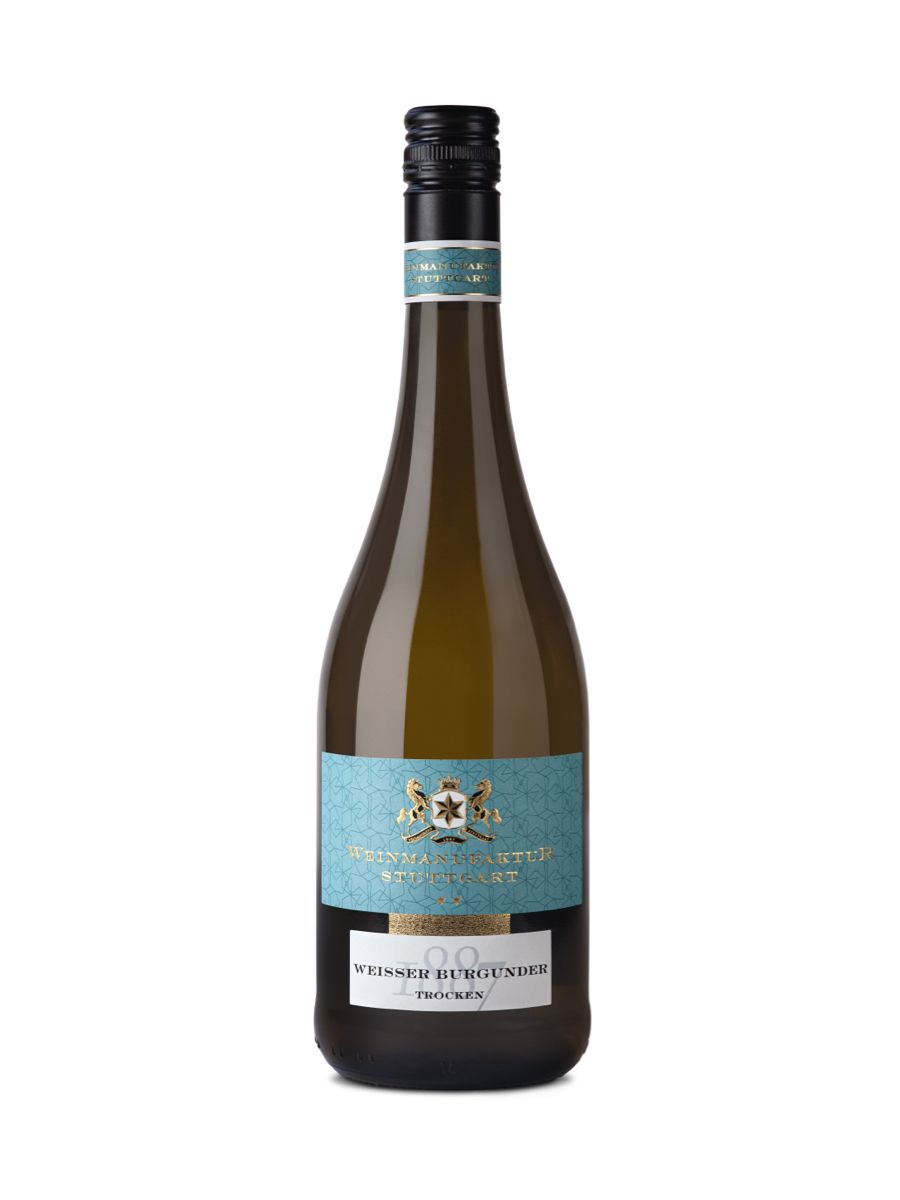 Flasche Weißer Burgunder trocken Weißwein mit Schraubverschluss und türkisfarbenem Etikett