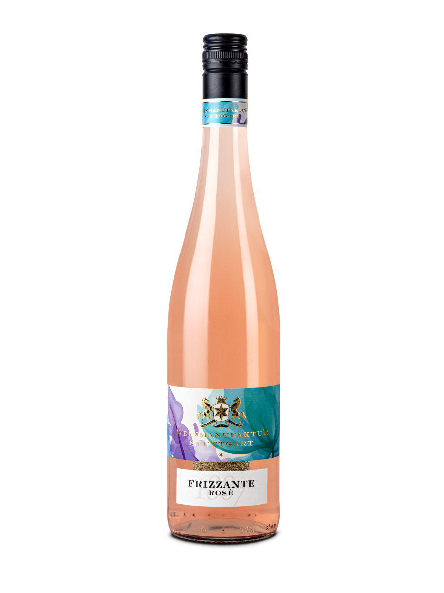 Flasche Frizzante Rosé mit Schraubverschluss und blau-lila Etikett