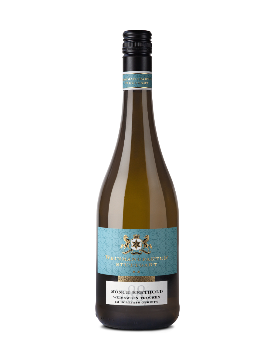 Flasche Mönch Berthold trocken Weißweincuvée mit Schraubverschluss und türkisfarbenem Etikett