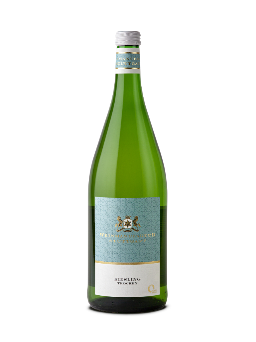 1-Liter-Flasche Riesling trocken Weißwein mit türkisfarbenem Etikett
