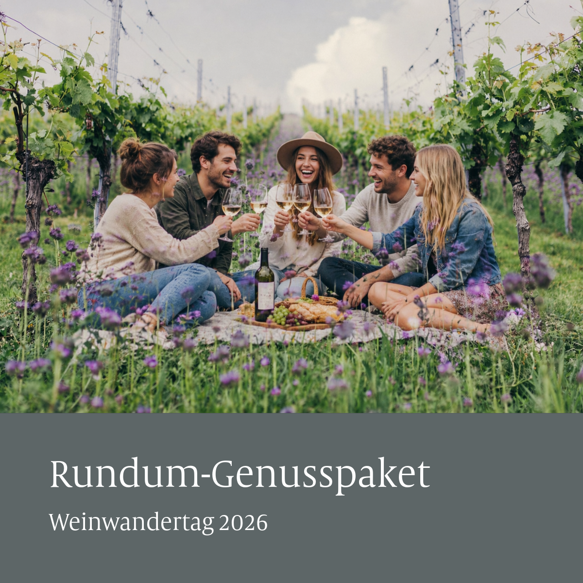 Glas Weißwein neben Körbchen mit Brotscheiben und einem Laib Brot auf Holzbrett, Text 'Brot & Wein mit Brot-Sommelier Joerg Schmid'