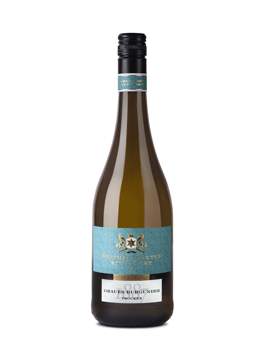Flasche Grauer Burgunder trocken Weißwein mit Schraubverschluss und türkisfarbenem Etikett